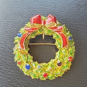 CHRISTOPHER RADKO Vintage Christmas Wreath Enamel Brooch with Rhinestones